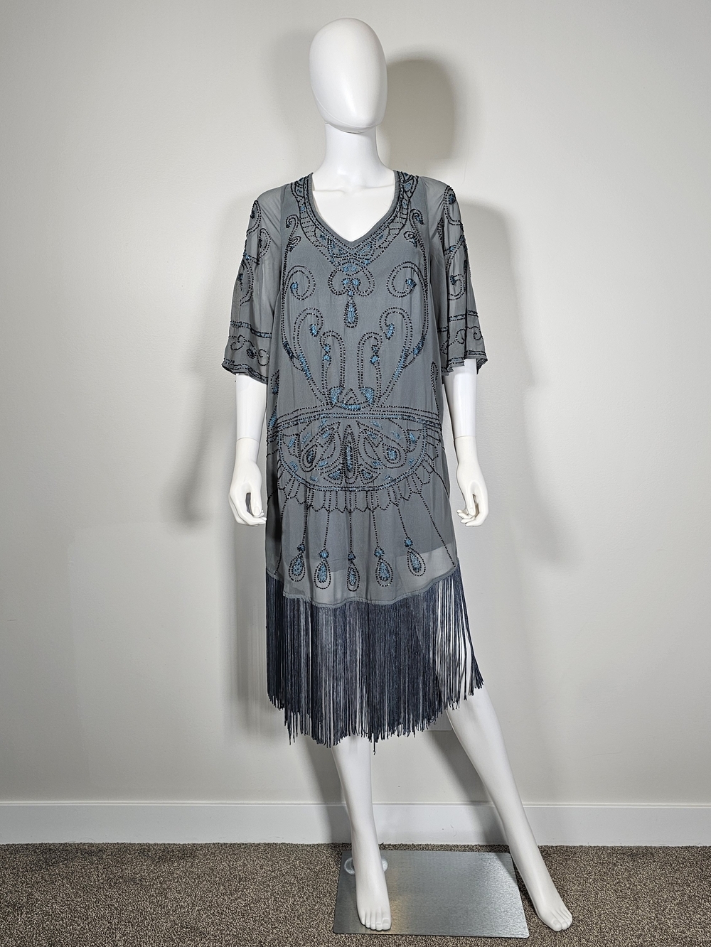 Free People NWT Celestial Gray Blue Beaded Fringe V-Neck Dress Sz S
